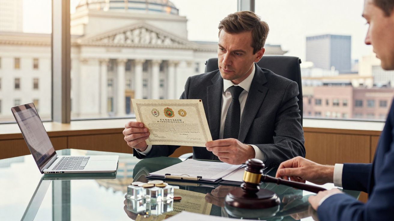 Dois homens de fato numa sala de reunião, um a segurar um documento e outro com martelo de juiz.