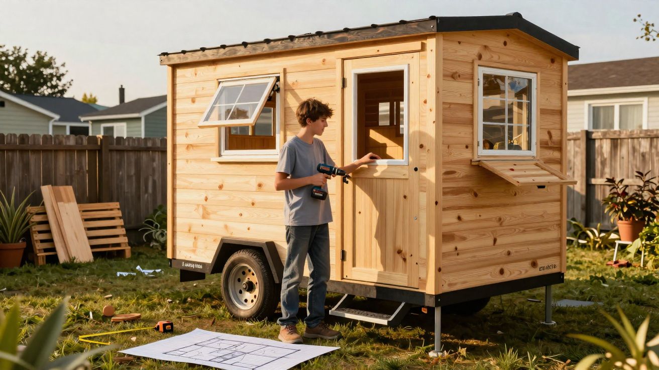 Jovem a montar uma casa pequena de madeira sobre rodas num jardim com plantas e plantas.
