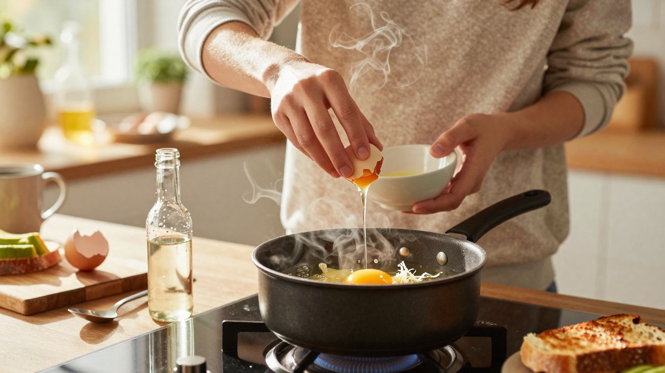 Pessoa a partir um ovo numa frigideira com vapor, numa cozinha luminosa com torrada e garrafa na bancada.