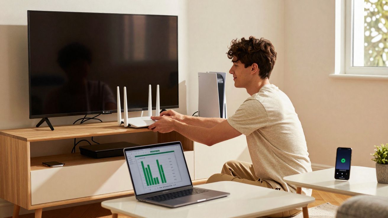 Homem sentado a configurar um router numa sala, com computador portátil e televisão à sua frente.
