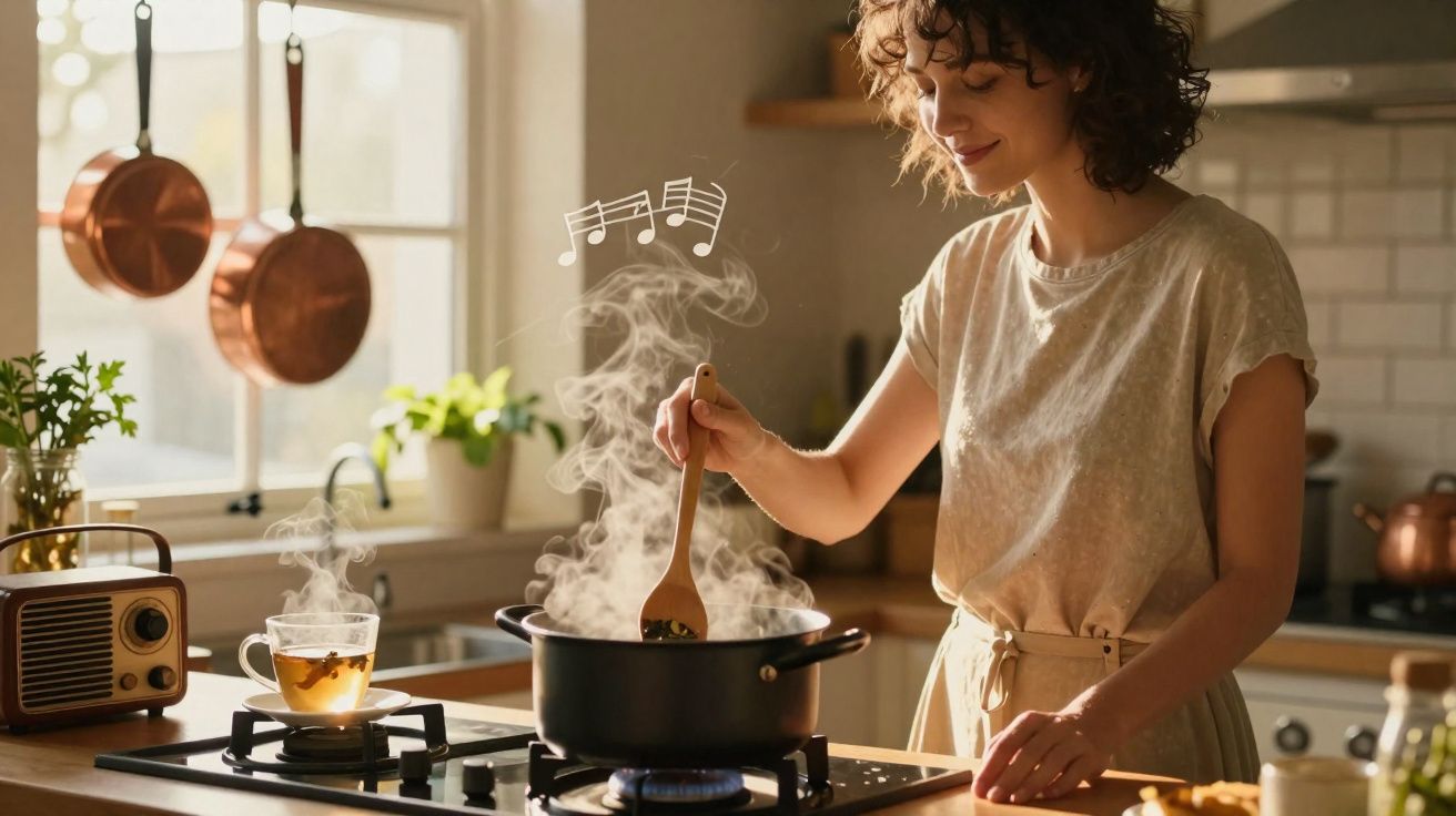 Mulher a cozinhar com colher de pau em tacho fumegante numa cozinha iluminada e acolhedora.