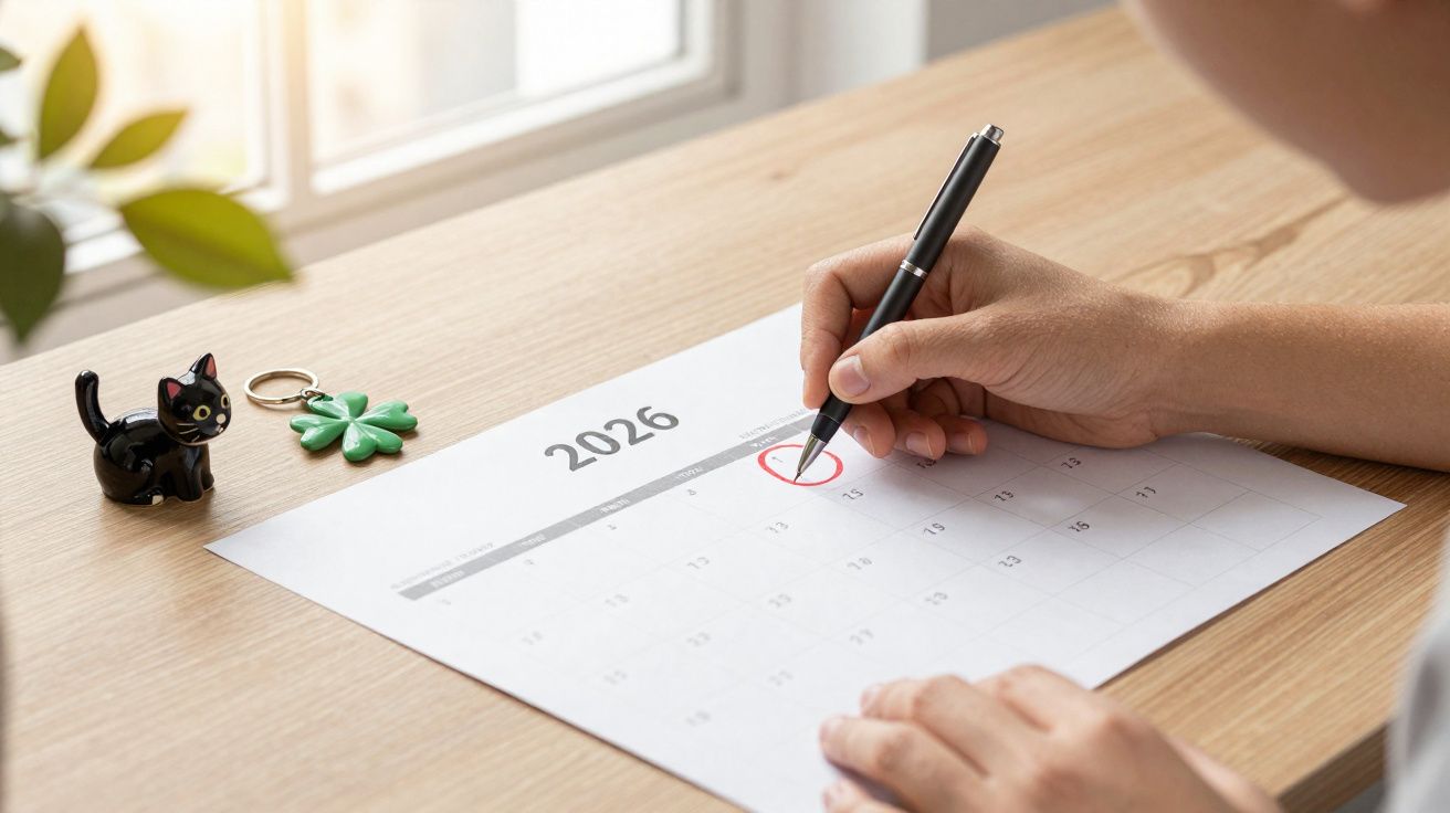 Pessoa a assinalar uma data com uma caneta num calendário de 2026 sobre uma mesa de madeira.