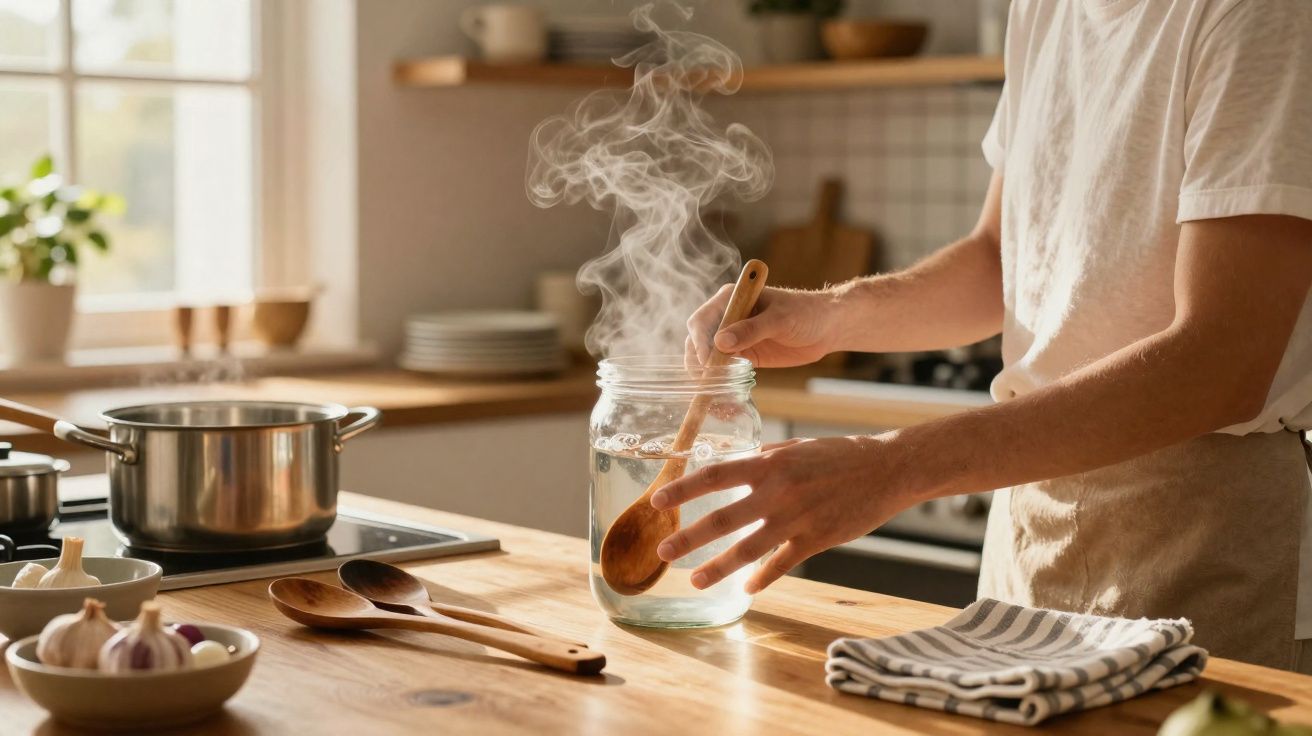 Pessoa a mexer água quente num frasco de vidro numa cozinha iluminada e arrumada.