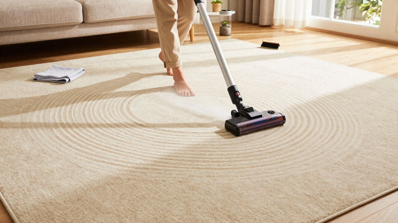 Pessoa a aspirar um tapete bege numa sala iluminada com sofá e janela grande.