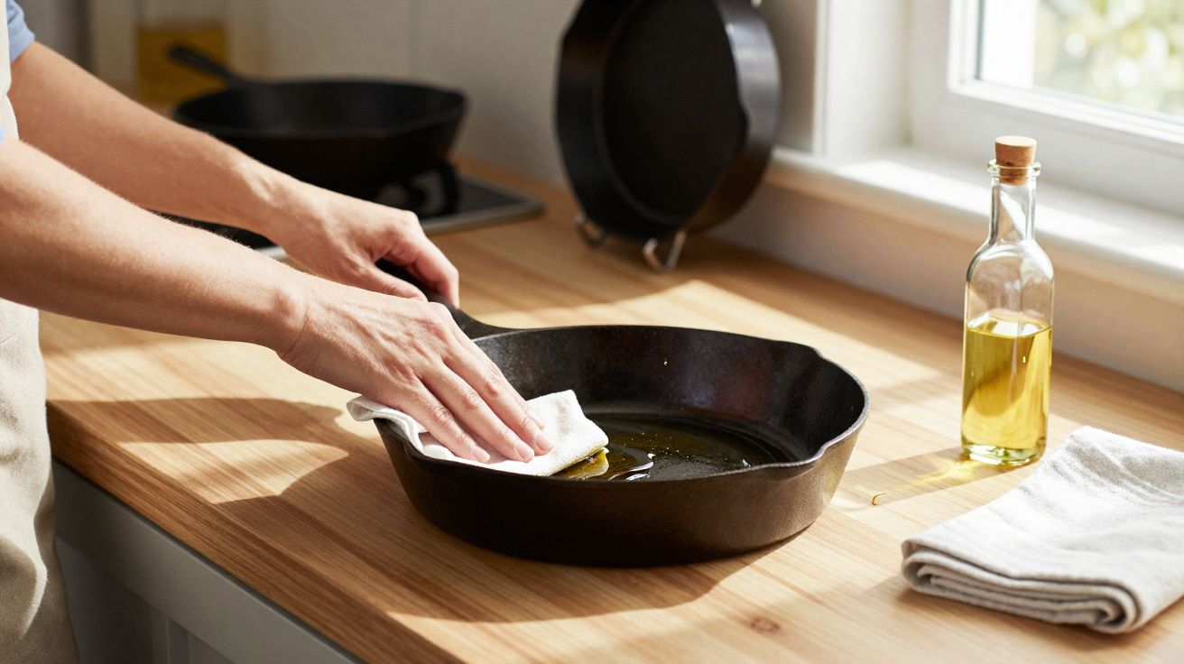 Pessoa a limpar frigideira de ferro com pano numa cozinha iluminada pelo sol, com garrafa de azeite ao lado.