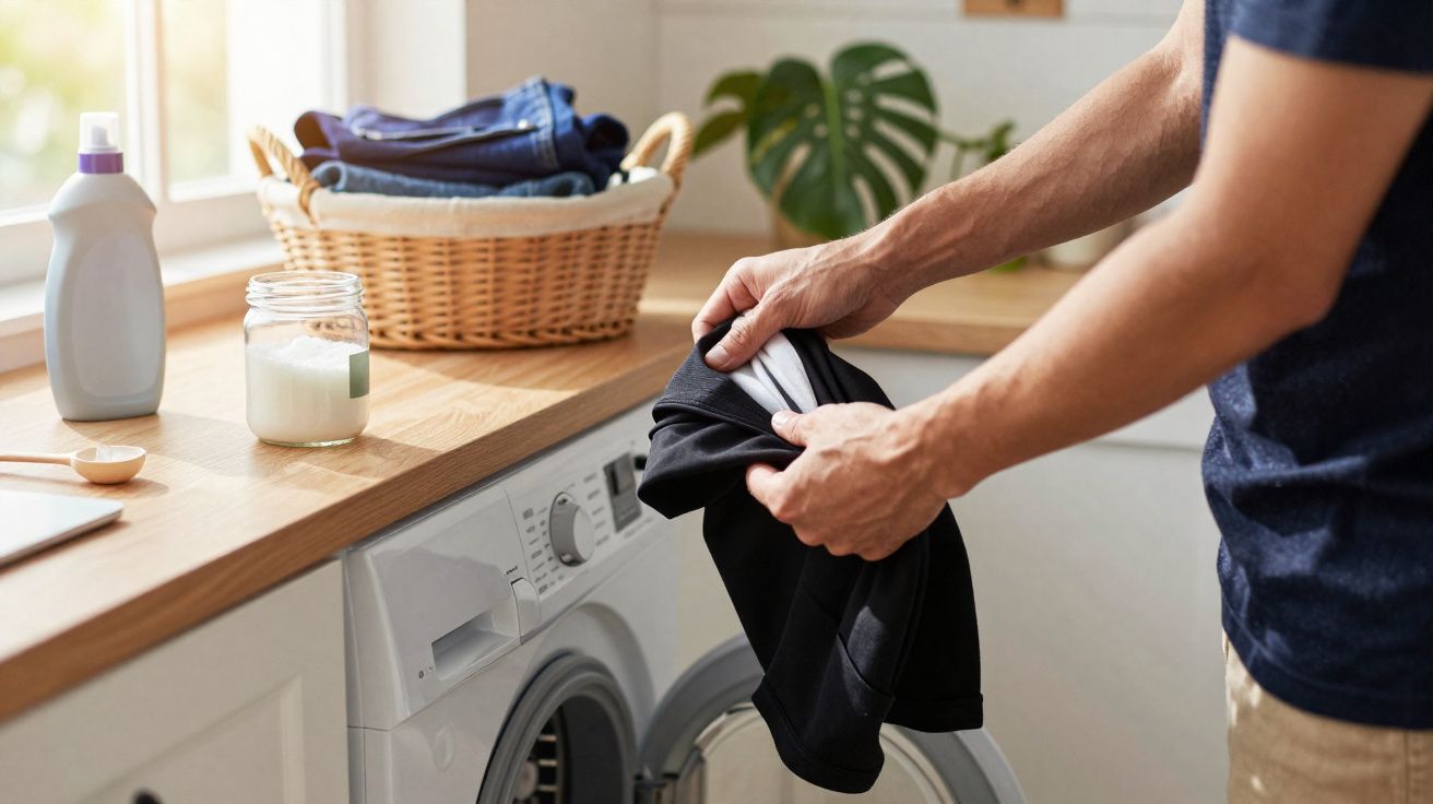 Pessoa a colocar roupa preta na máquina de lavar roupa numa lavandaria com cesto e detergente na bancada.