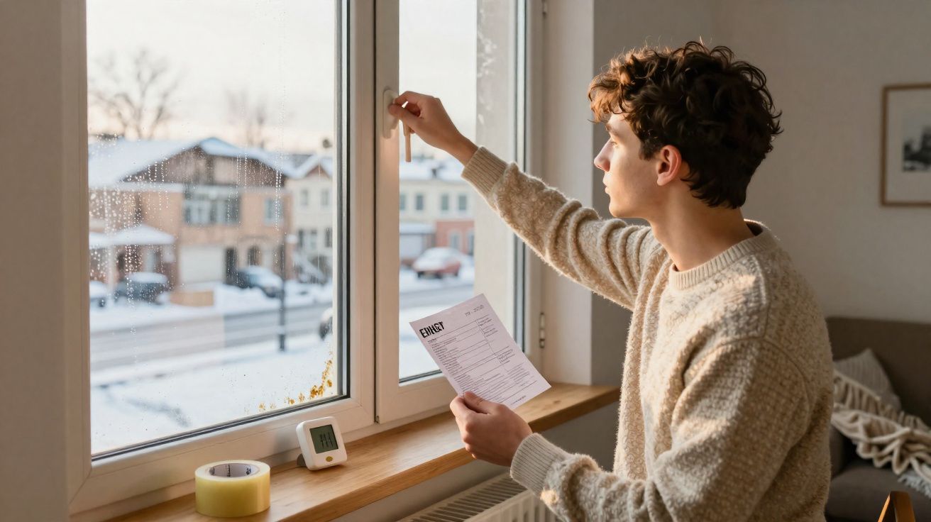 Jovem abre janela em casa durante neve, segurando uma carta nas mãos.