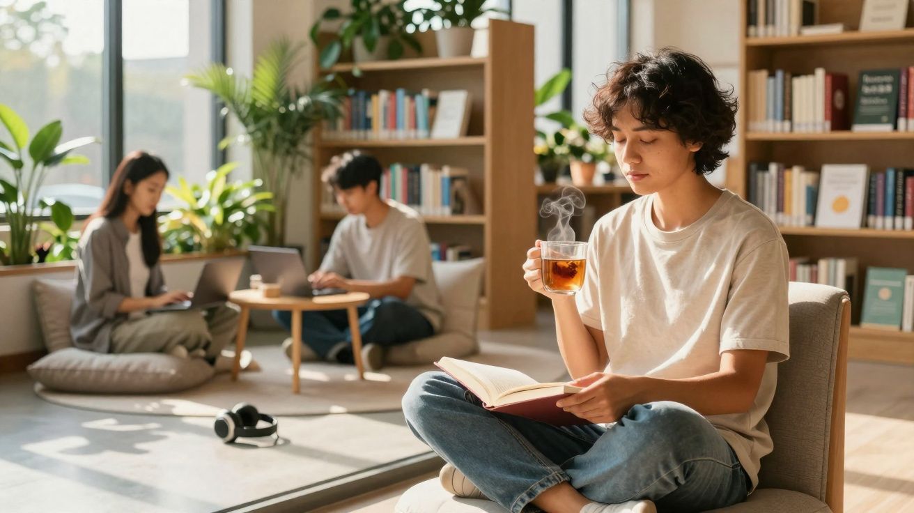 Jovem sentado a ler um livro e a beber chá numa biblioteca com outras duas pessoas a usar computadores.
