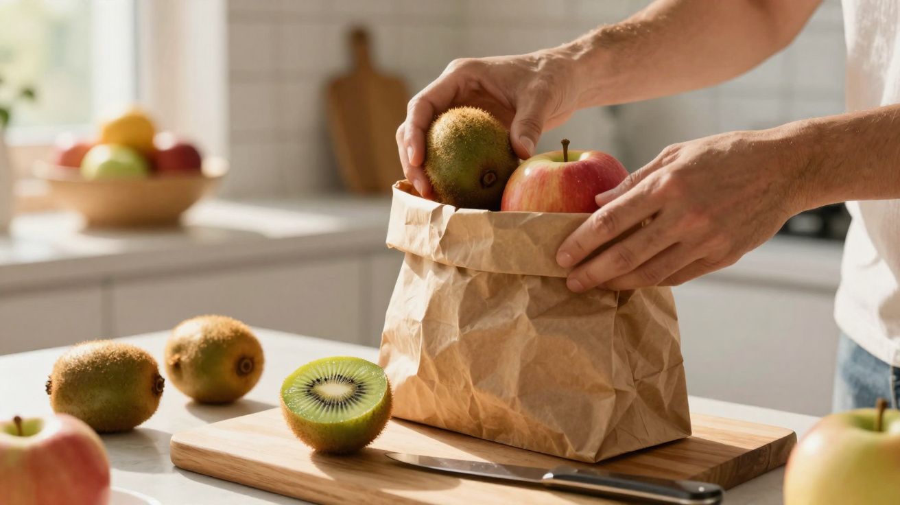 Mãos a colocar frutas numa sacola de papel numa cozinha, com kiwis e maçãs sobre a bancada.