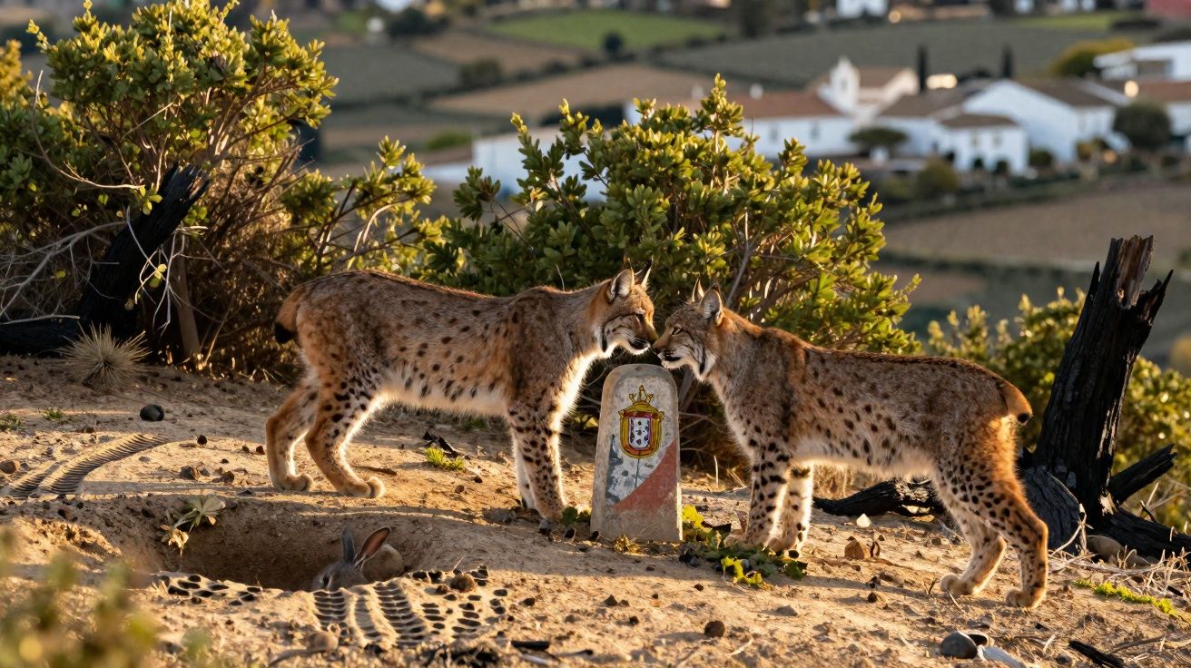 Dois linces ibéricos encostam os focinhos numa pedra com o brasão de Portugal, em ambiente rural.