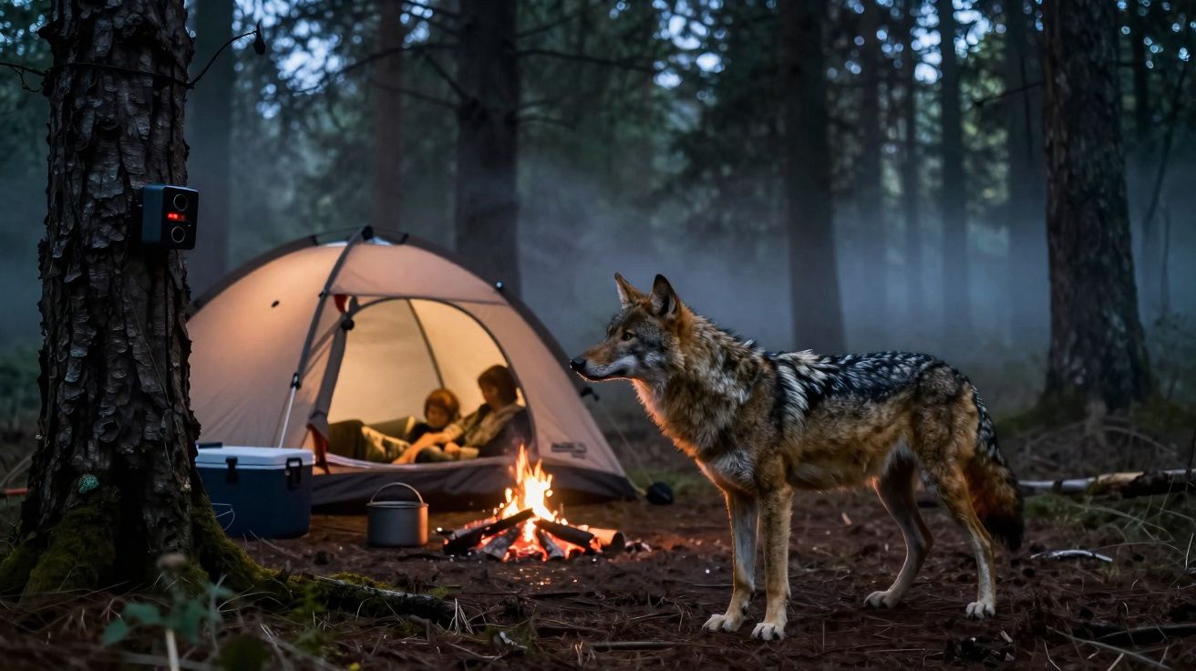 Lobo em floresta perto de uma tenda iluminada com duas pessoas e uma fogueira à noite.