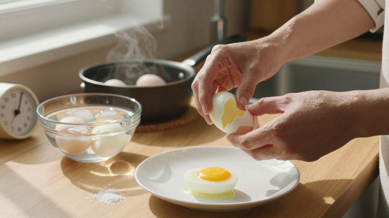 Mãos a descascar um ovo cozido com ovos em taça e panela a vapor numa bancada de cozinha ensolarada.