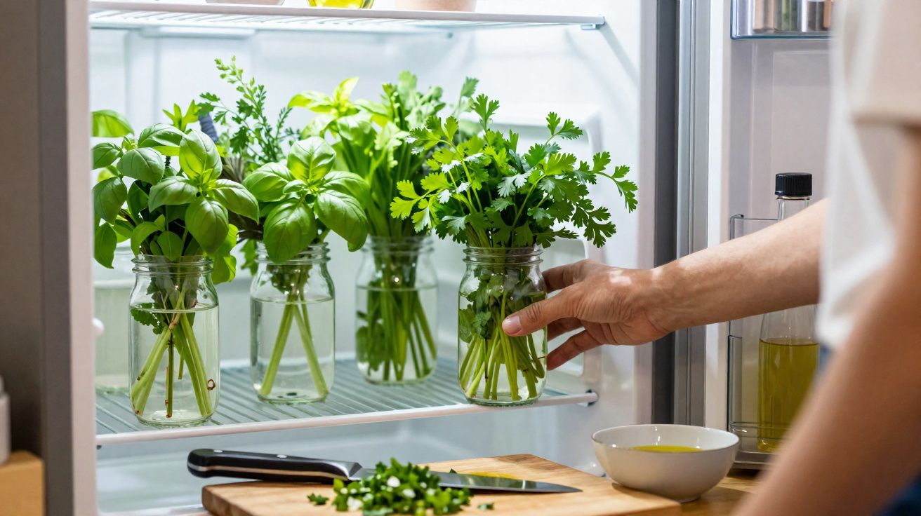 Pessoa a pegar ramo de ervas aromáticas frescas em frascos com água dentro de frigorífico doméstico.