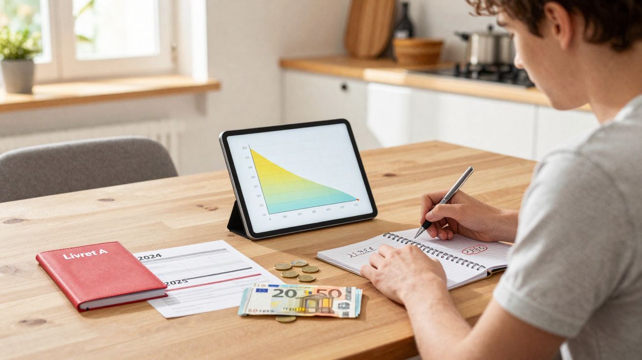 Pessoa a calcular finanças numa mesa com notas, moedas, documentos, caderno e tablet com gráfico colorido.