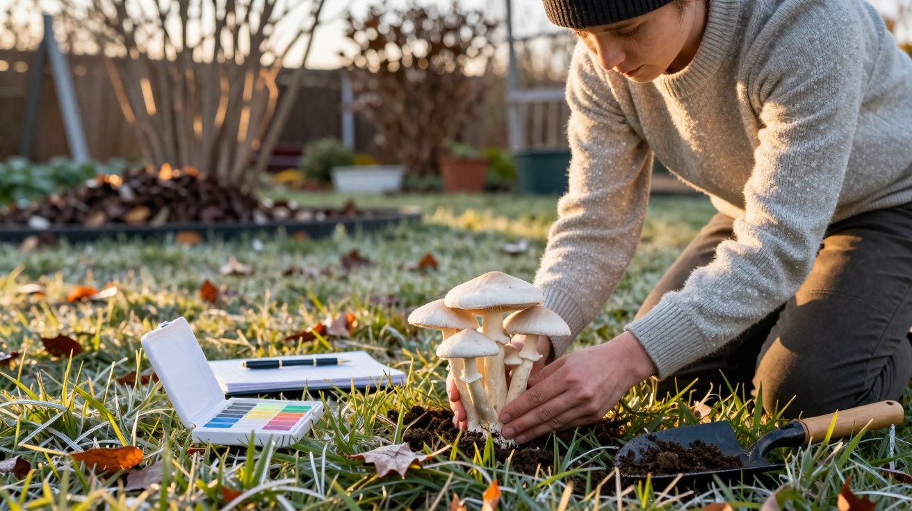 Pessoa agachada a recolher cogumelos no campo, com aquarelas e pá ao lado, em ambiente natural.