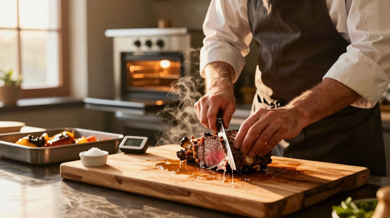 Chefe a cortar carne assada quente numa tábua de madeira numa cozinha moderna com forno ao fundo.