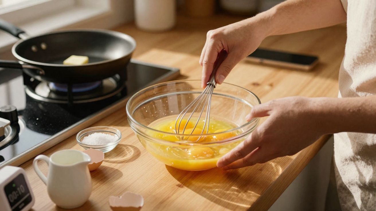 Pessoa a bater ovos com batedor numa taça de vidro numa cozinha com ingredientes na bancada.