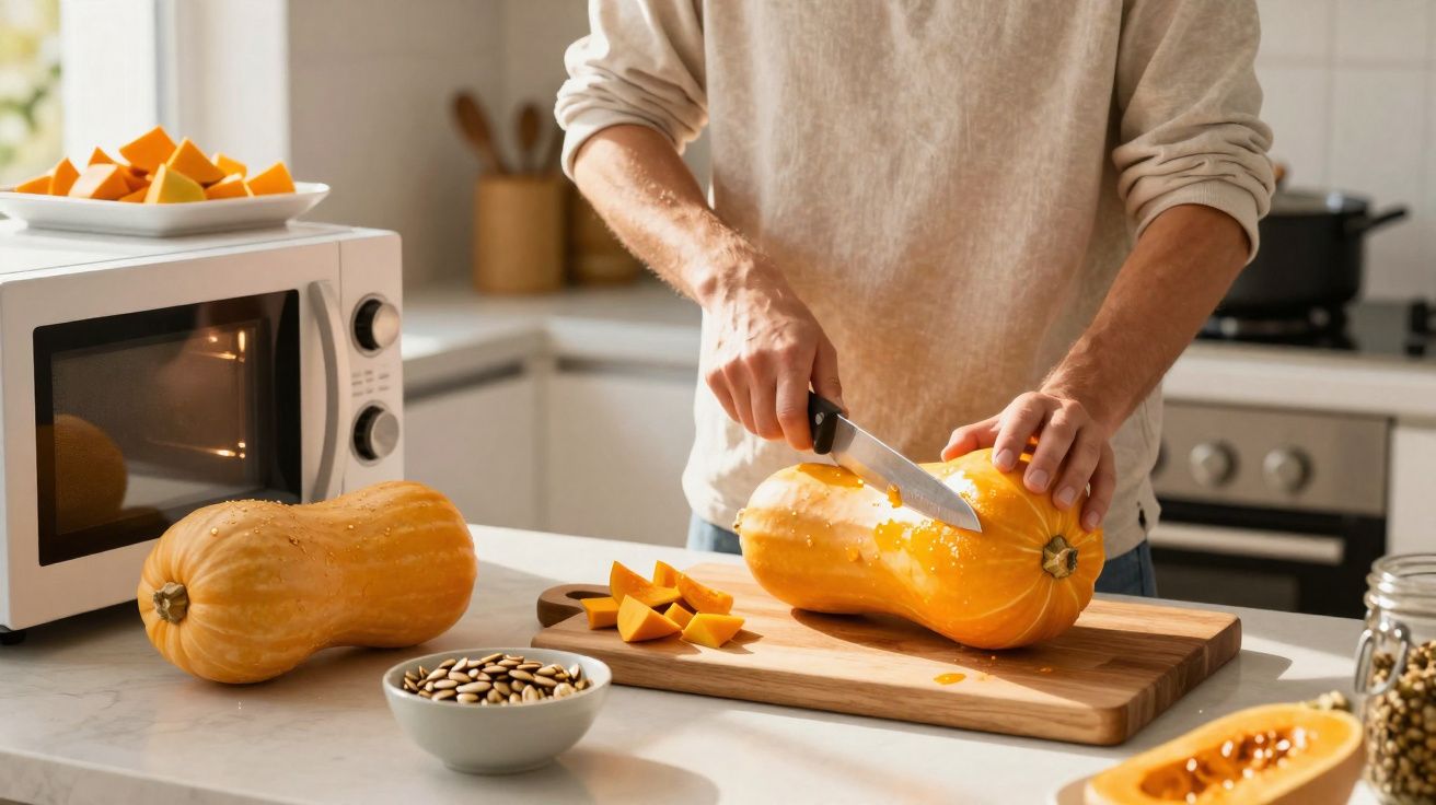 Pessoa a cortar abóbora numa tábua de madeira numa cozinha moderna, com micro-ondas e sementes ao lado.