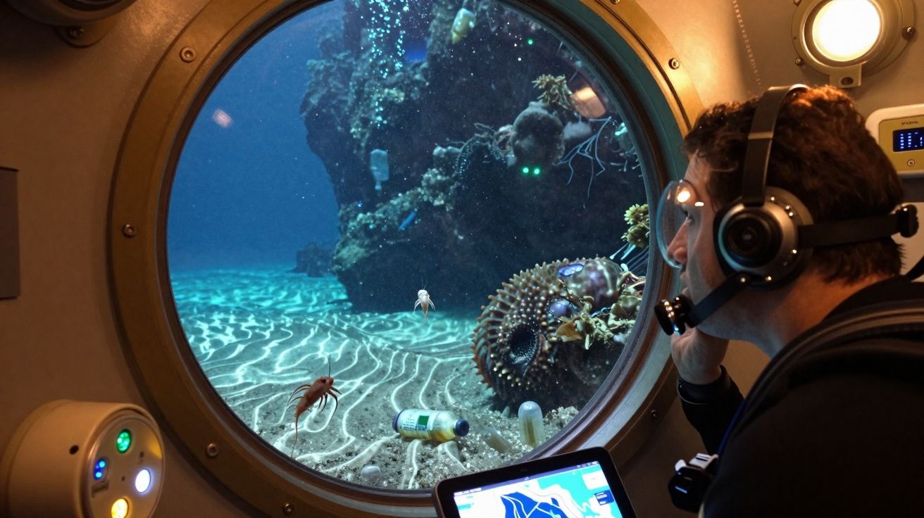Homem com headset observa vida marinha numa janela redonda de submarino.