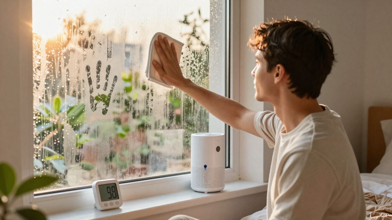 Jovem limpa uma janela embaciada com pegada e medidor de humidade numa mesa junto à janela.