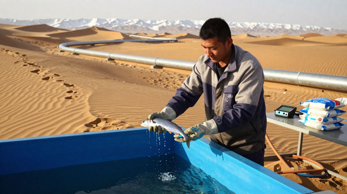 Homem a segurar um peixe junto a uma tanques de água no deserto, com tubos e sacos ao fundo.