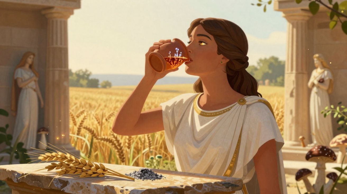 Mulher romana vestida em toga bebe líquido de taça em templo antigo rodeado por campos de trigo.