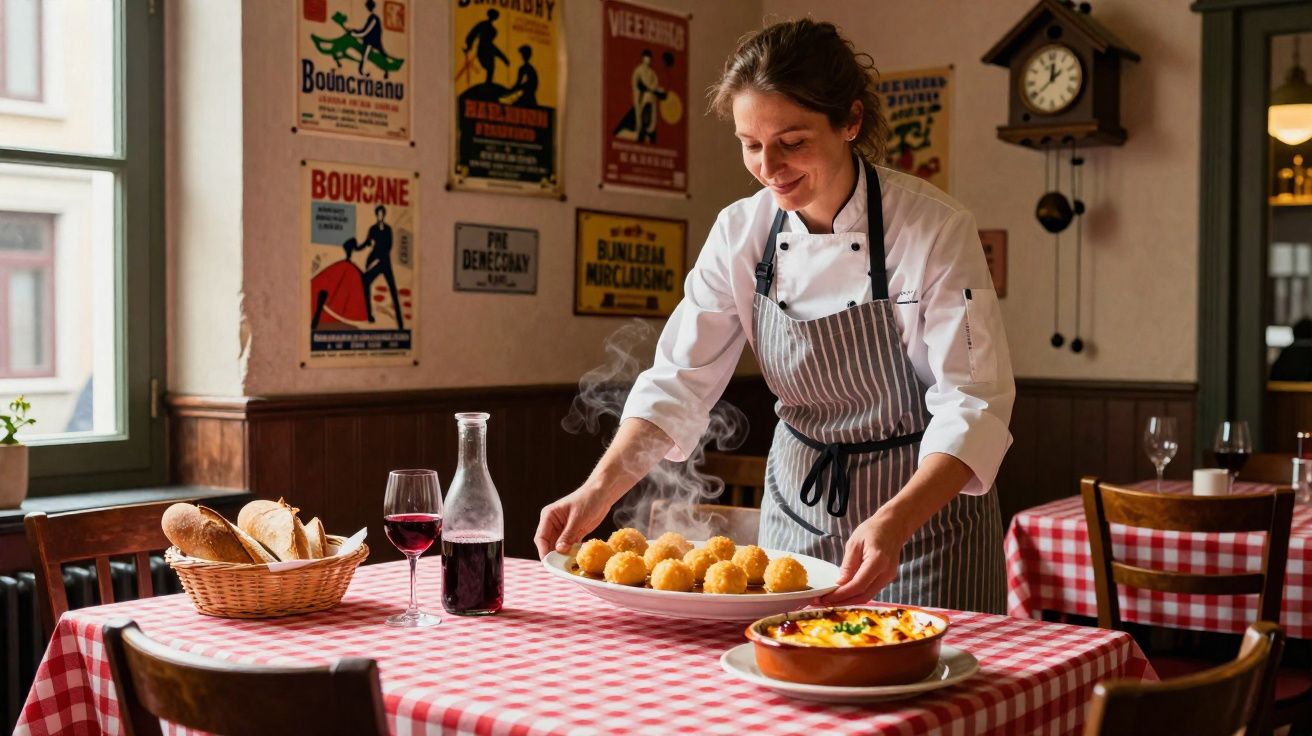Mulher com avental a servir prato com bolas de arroz num restaurante acolhedor.
