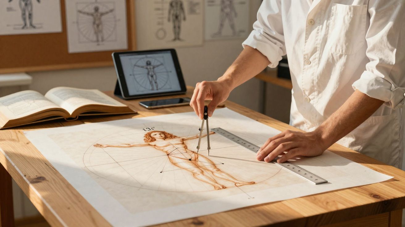 Pessoa a desenhar o Homem Vitruviano de Leonardo da Vinci numa folha com compasso e régua numa mesa de madeira.