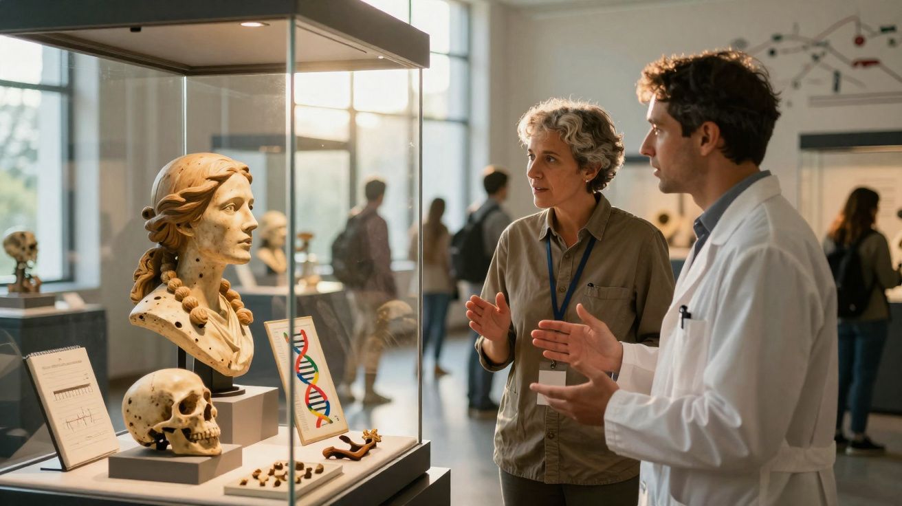 Duas pessoas a discutir uma exposição de crânios e bustos no museu de ciências com foco em genética.