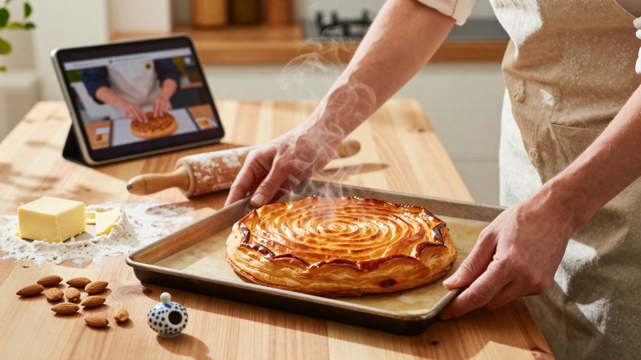 Pessoa a retirar do forno uma tarte quente numa cozinha com ingredientes e tablet ao fundo.