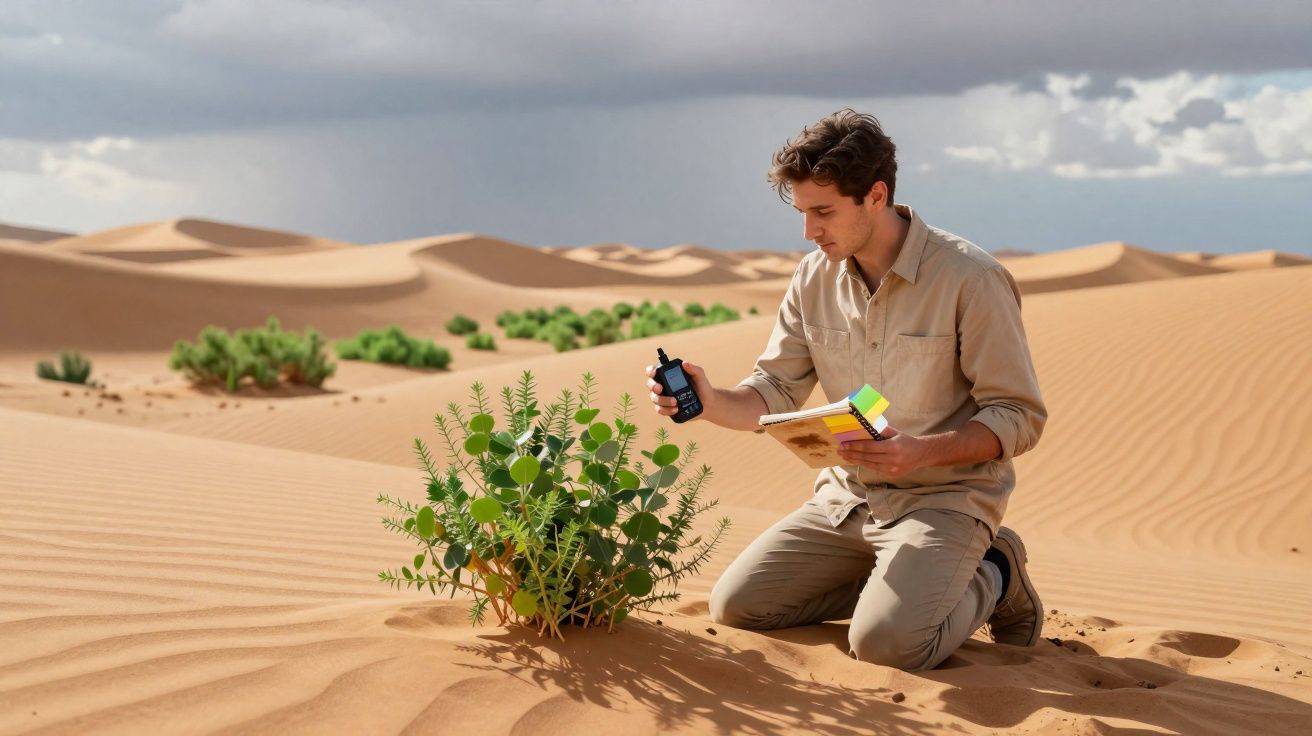 Homem de joelhos a analisar planta num deserto com caderno e dispositivo eletrónico na mão.