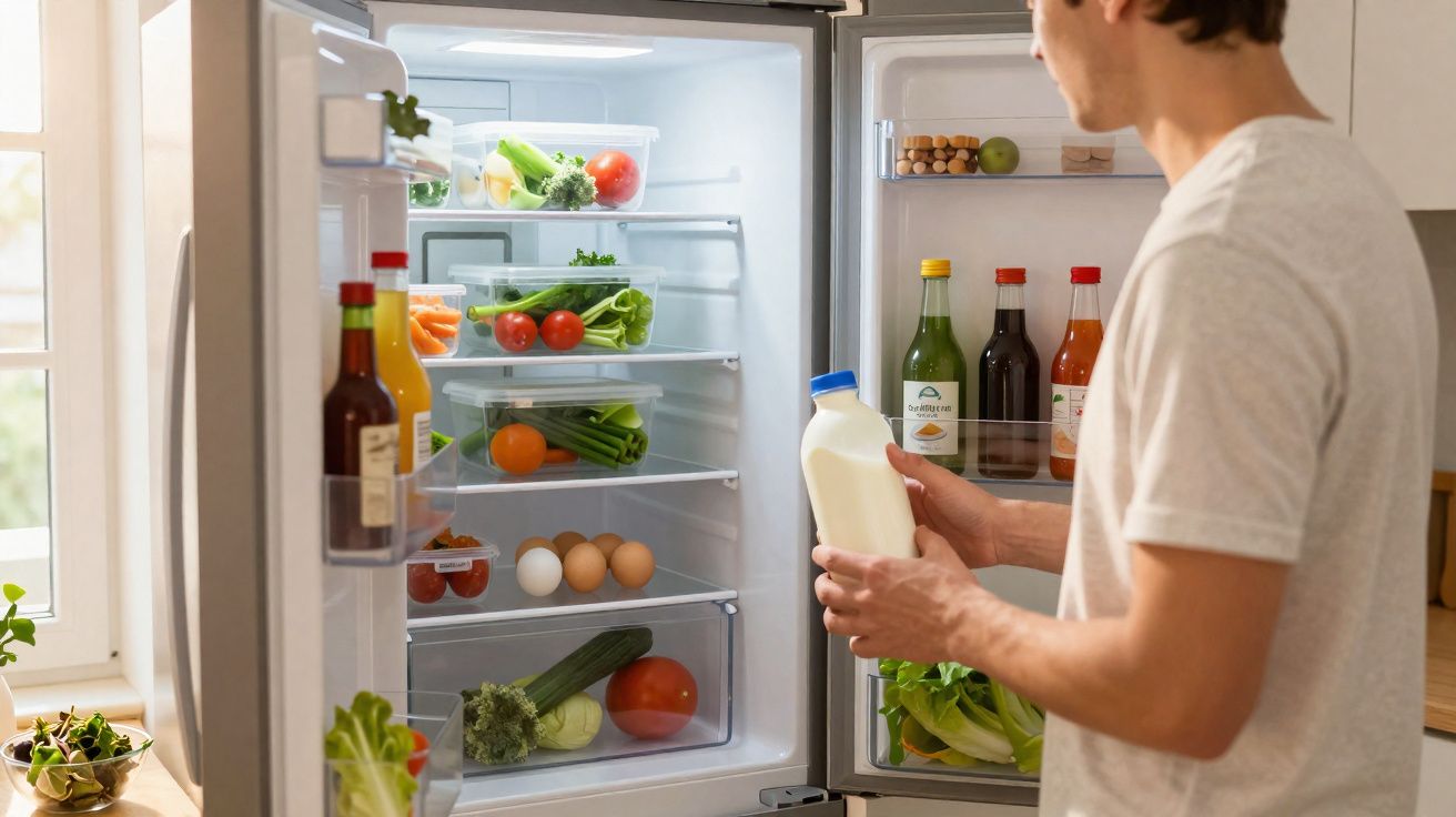 Pessoa a segurar garrafa de leite junto a frigorífico aberto com legumes, ovos e bebidas dentro.