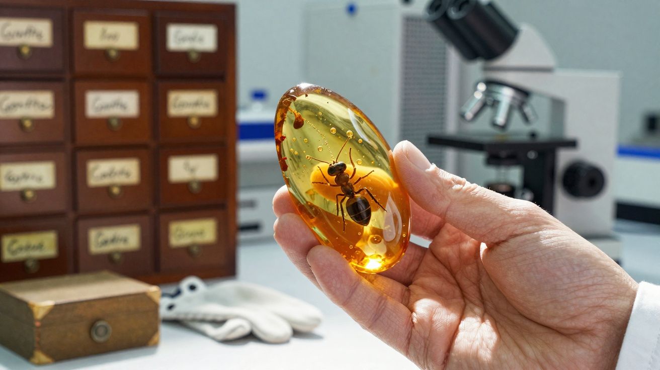 Mão segura peça de âmbar com formiga fossilizada em laboratório, com microscópio e gavetas ao fundo.
