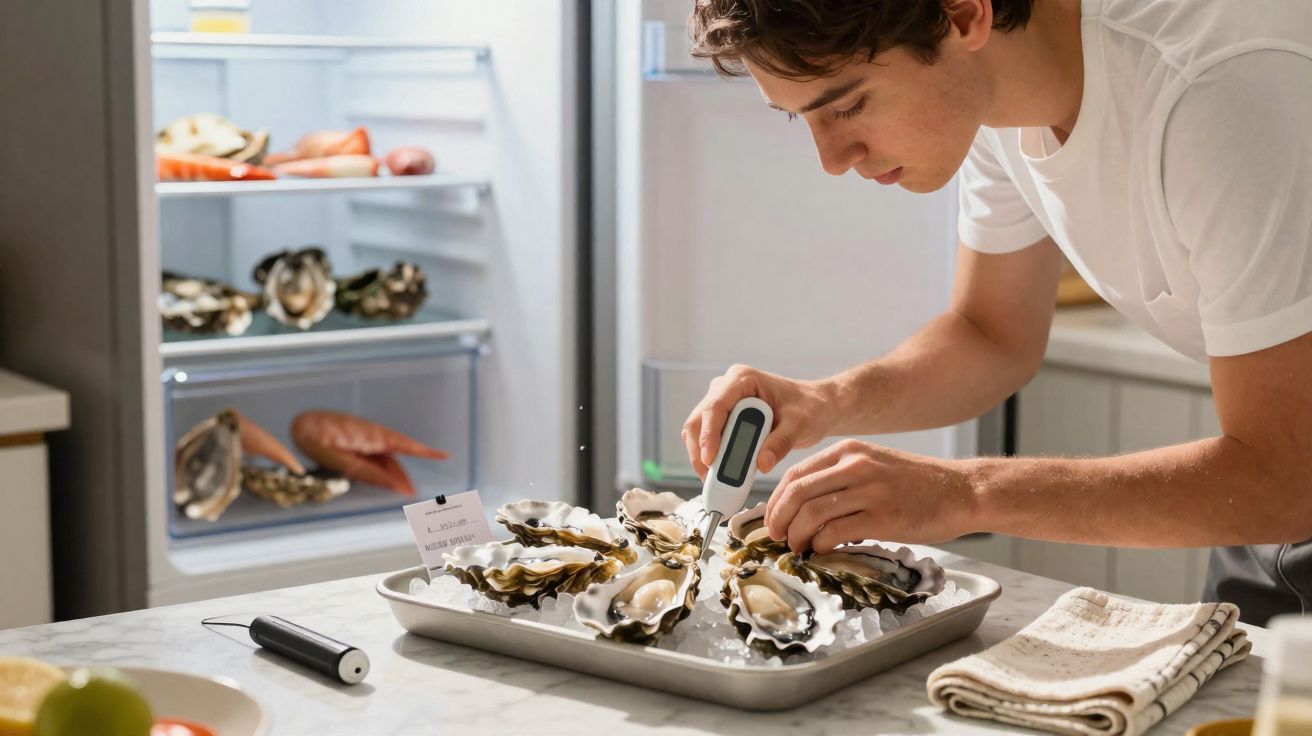 Homem a medir a temperatura de ostras frescas num tabuleiro com gelo na cozinha.