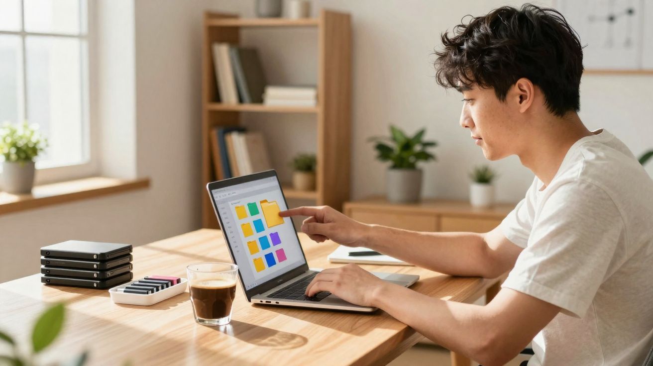 Jovem a trabalhar num laptop com notas coloridas na ecrã, numa mesa com café e material de escritório.