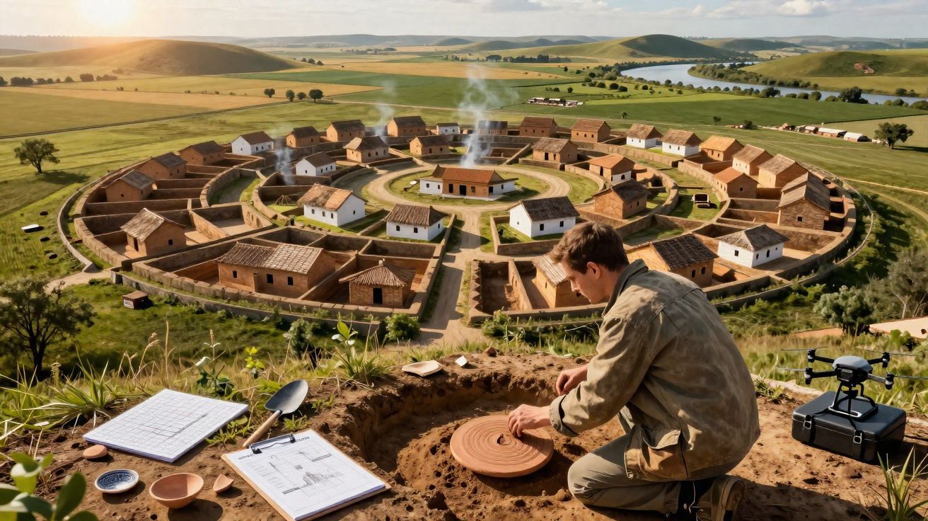 Arqueólogo a escavar e modelar barro com aldeia circular histórica e paisagem rural ao fundo.
