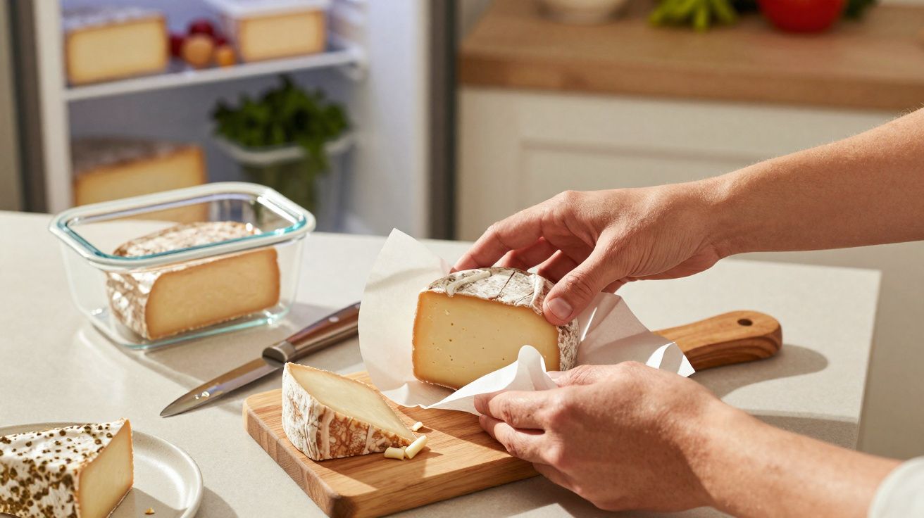 Mãos a cortar queijo artesanal amarelo com casca branca numa tábua de madeira na cozinha.