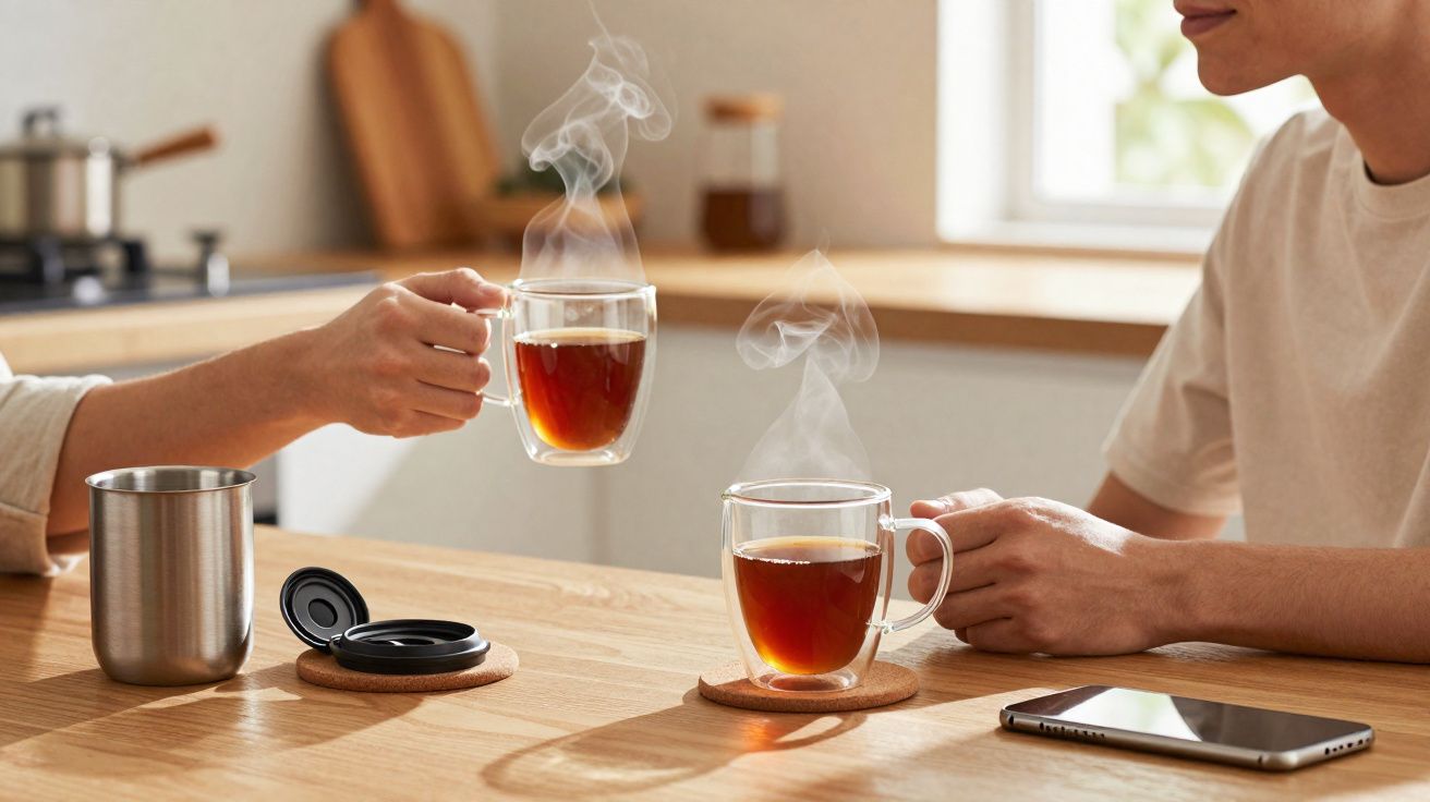 Duas pessoas sentadas à mesa seguram chá quente em chávenas transparentes fumegantes numa cozinha iluminada.