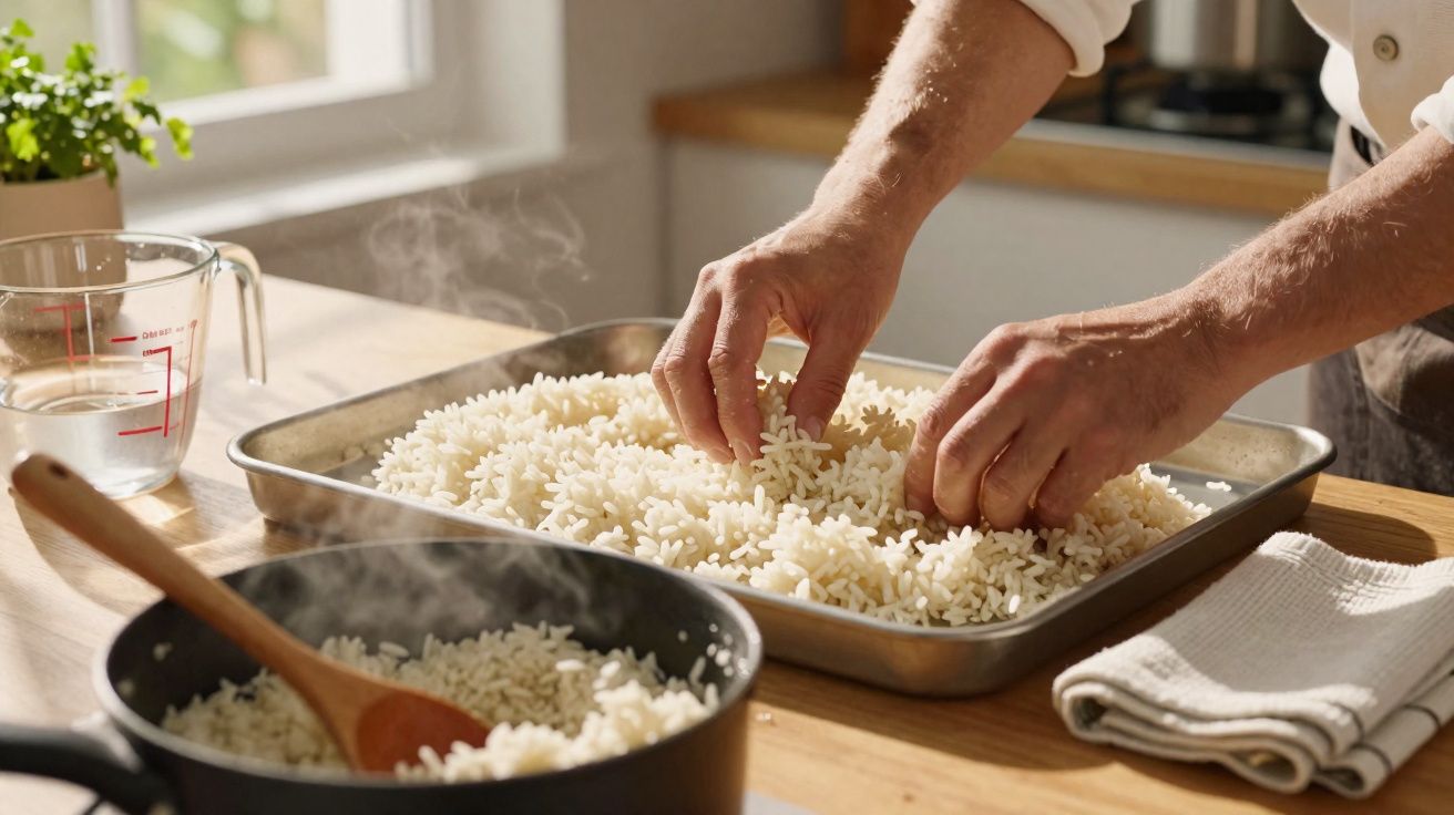 Pessoa a soltar arroz cozinhado numa assadeira, ao lado de panela e jarro medidor numa cozinha iluminada.