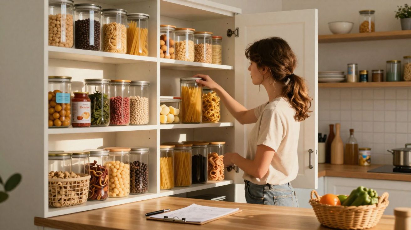 Mulher a organizar frascos com massas e legumes numa despensa branca na cozinha moderna.