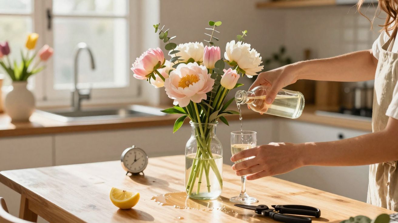 Pessoa a servir bebida num copo junto a vaso com flores sobre mesa de cozinha iluminada pela luz natural.