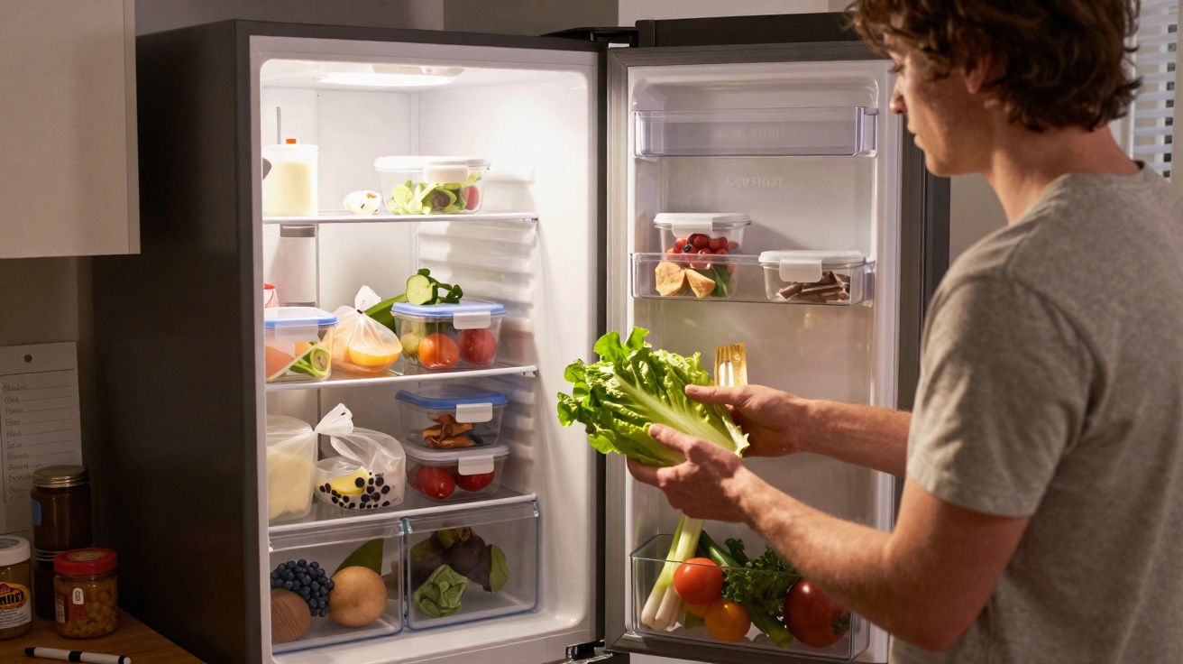 Homem com camiseta cinza a colocar alface no frigorífico aberto, cheio de frutas e vegetais organizados.