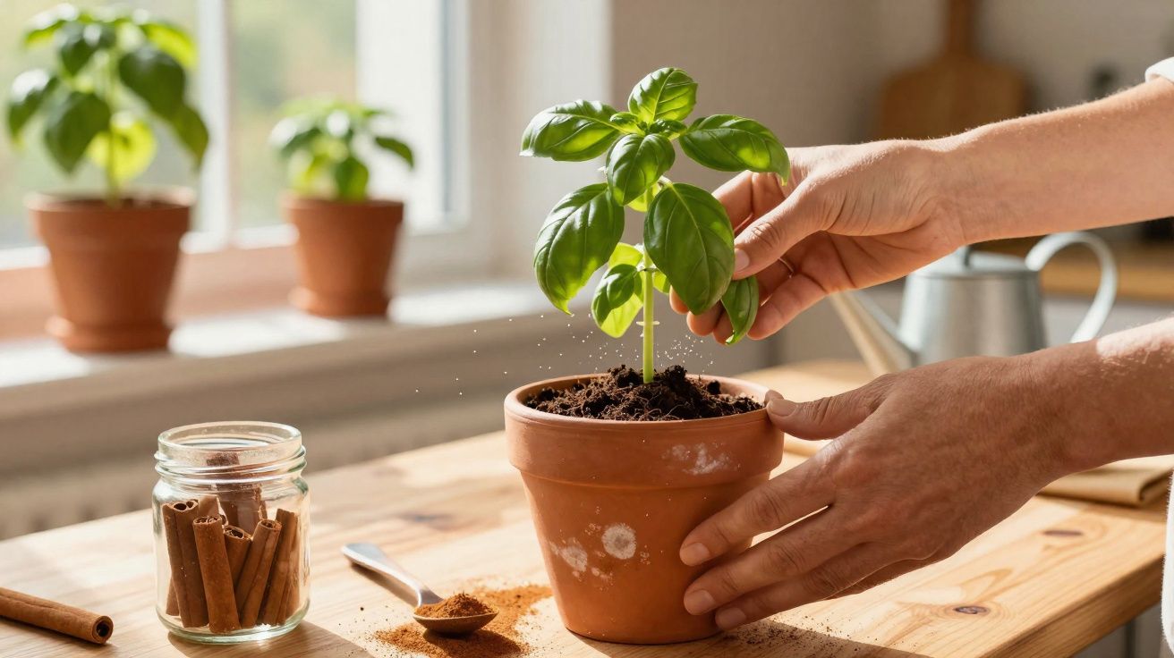 Mãos a cuidar de uma planta verde num vaso de barro sobre uma mesa com luz natural.