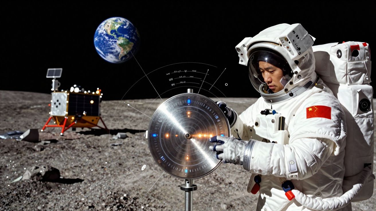 Astronauta chinês na lua interage com painel metálico, módulo lunar e Terra visível ao fundo.