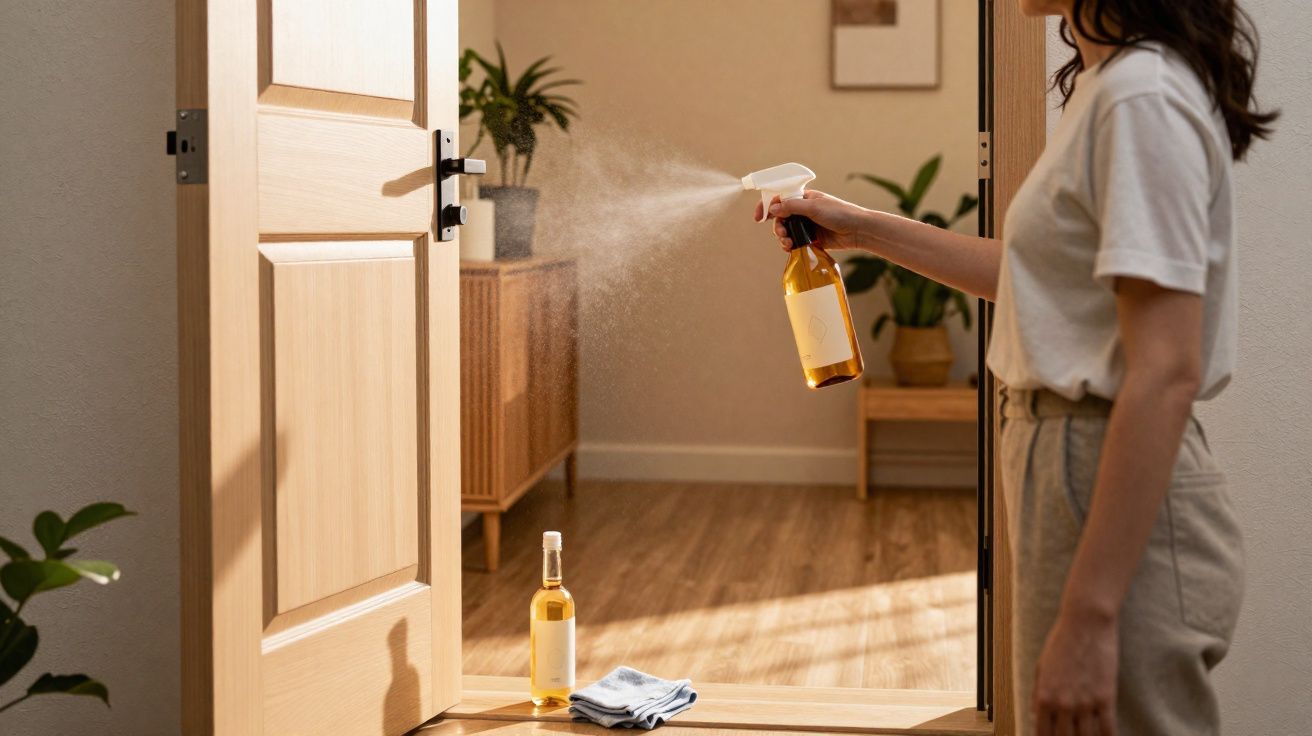 Pessoa a aplicar spray numa porta de madeira numa divisão com luz natural e plantas decorativas.