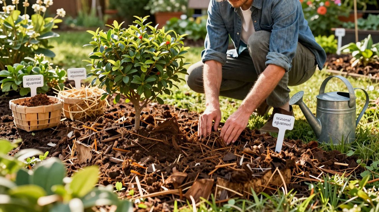 Pessoa a cuidar de plantas num jardim com regador metálico e etiquetas nas plantas.