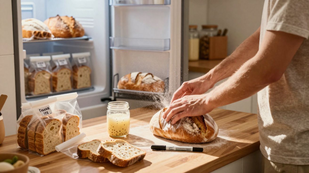 Pessoa a polvilhar farinha sobre pão caseiro numa cozinha com vários pães e embalagens ao fundo.