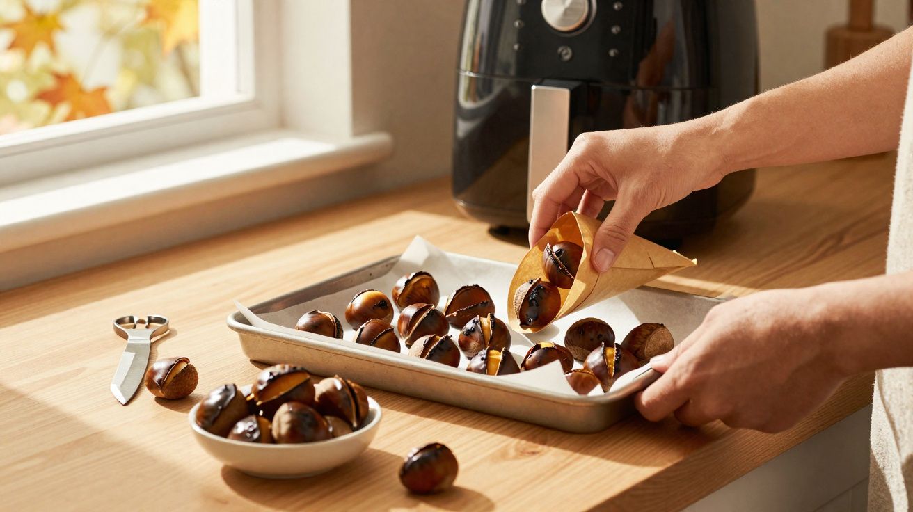 Mãos a depositar castanhas assadas numa travessa sobre bancada de cozinha junto a janela iluminada.