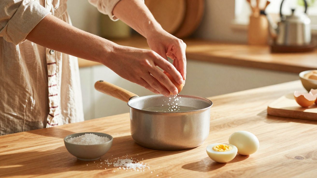 Pessoa a adicionar sal a uma panela numa cozinha com ovos cozidos ao lado sobre a mesa de madeira.