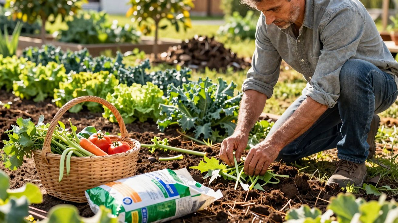 Homem a cuidar de plantas num jardim, com uma cesta de legumes frescos ao lado.